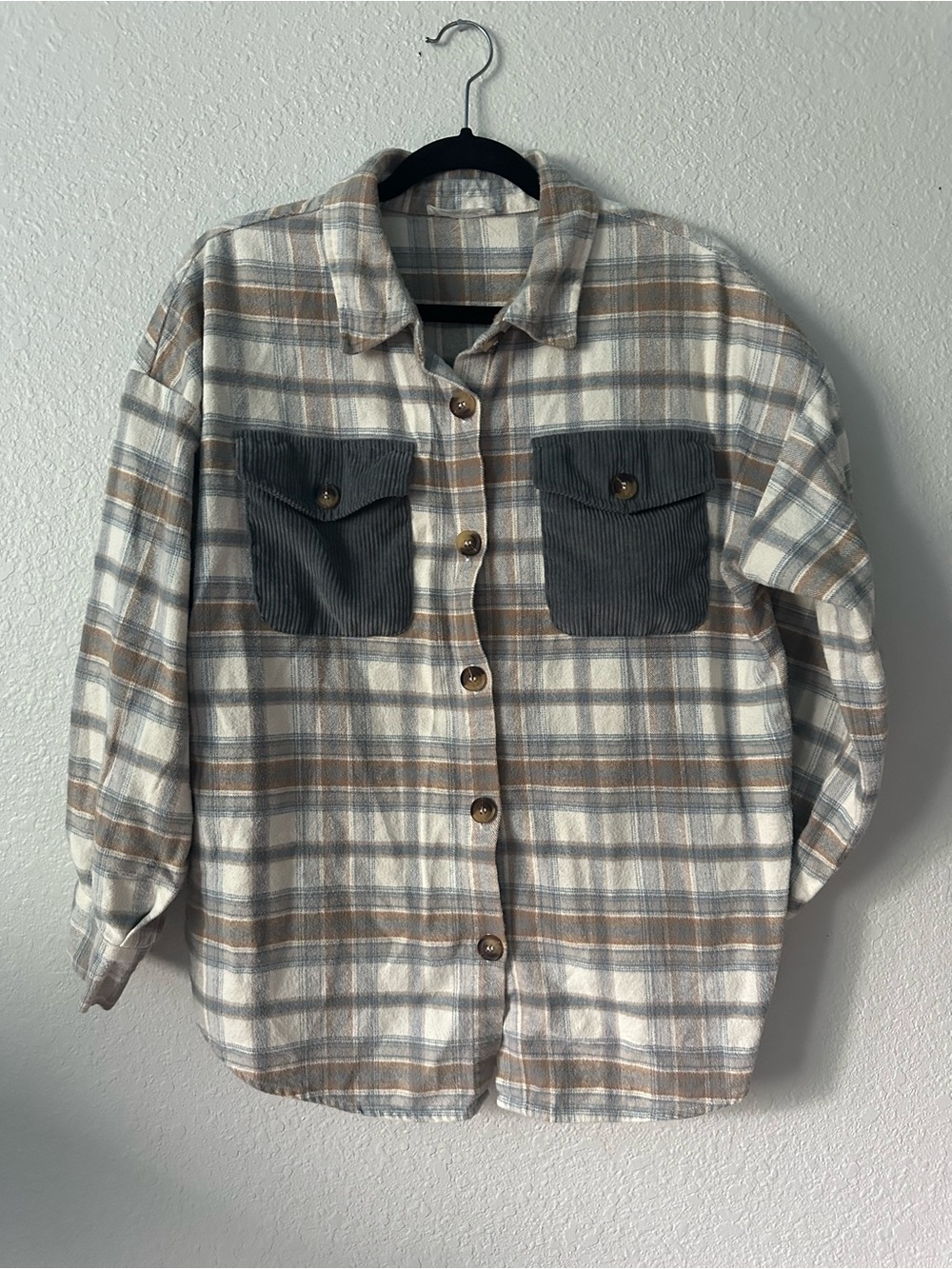 Magnolia Boutique// Plaid Cotton + Corduroy Contrast Shacket- Blue Cream Tan